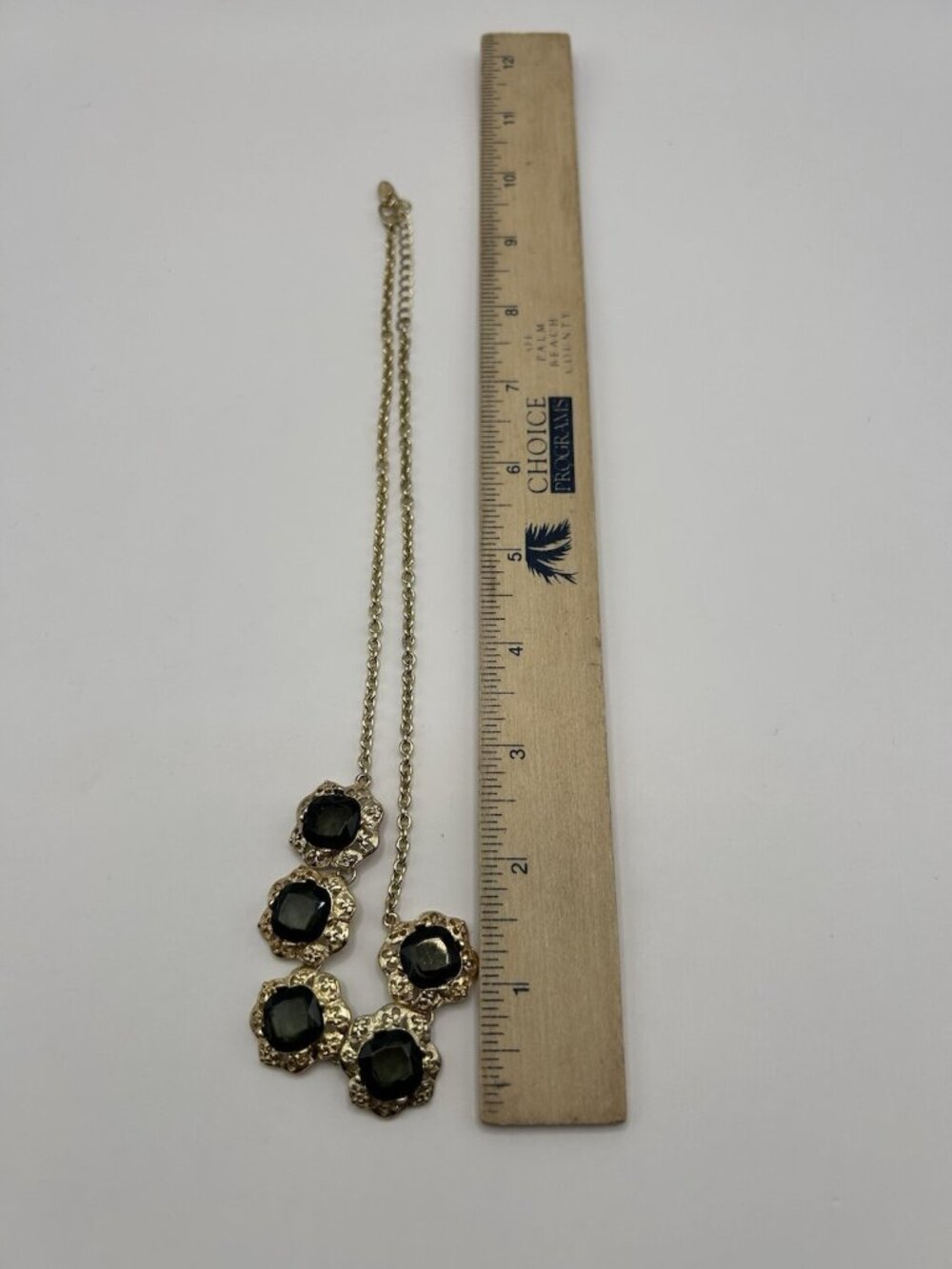 Marlyn Schiff Gold Tone Necklace Green Charcoal Rhinestones Statement Jewelry - Picture 14 of 16